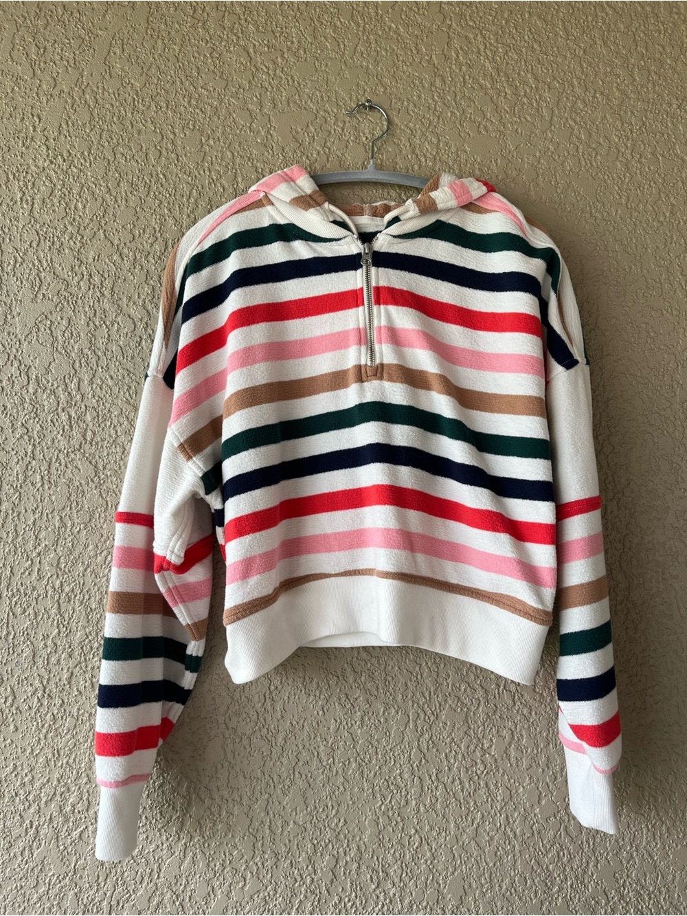aerie White Multicolor Striped Half-Zip Hoodie